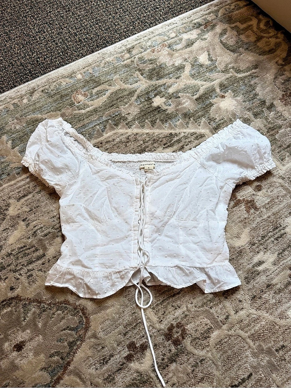 Aeropostale Ruffled Flock Dot Lace-Front Crop Top White small